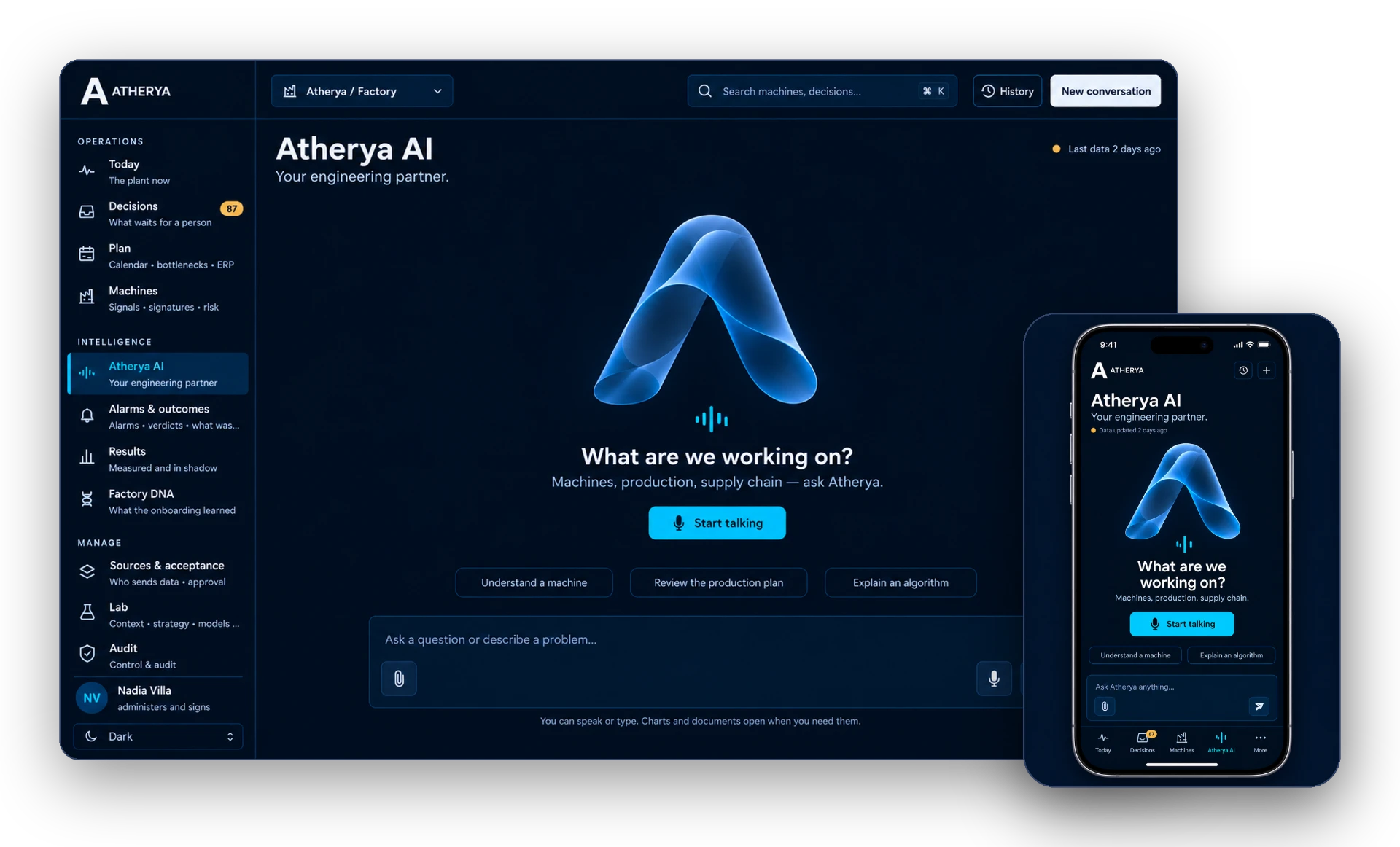 Atherya AI on desktop and iPhone: your engineering partner, ready to talk