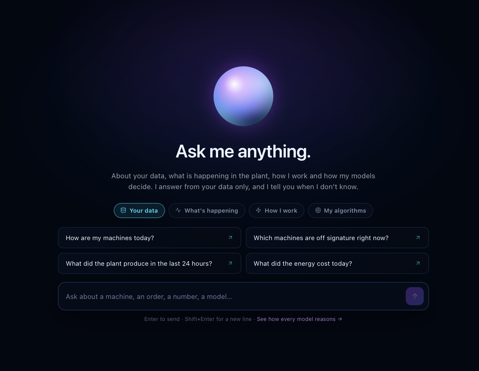 ATHERYA chatbot with questions about factory data, operations and model decisions
