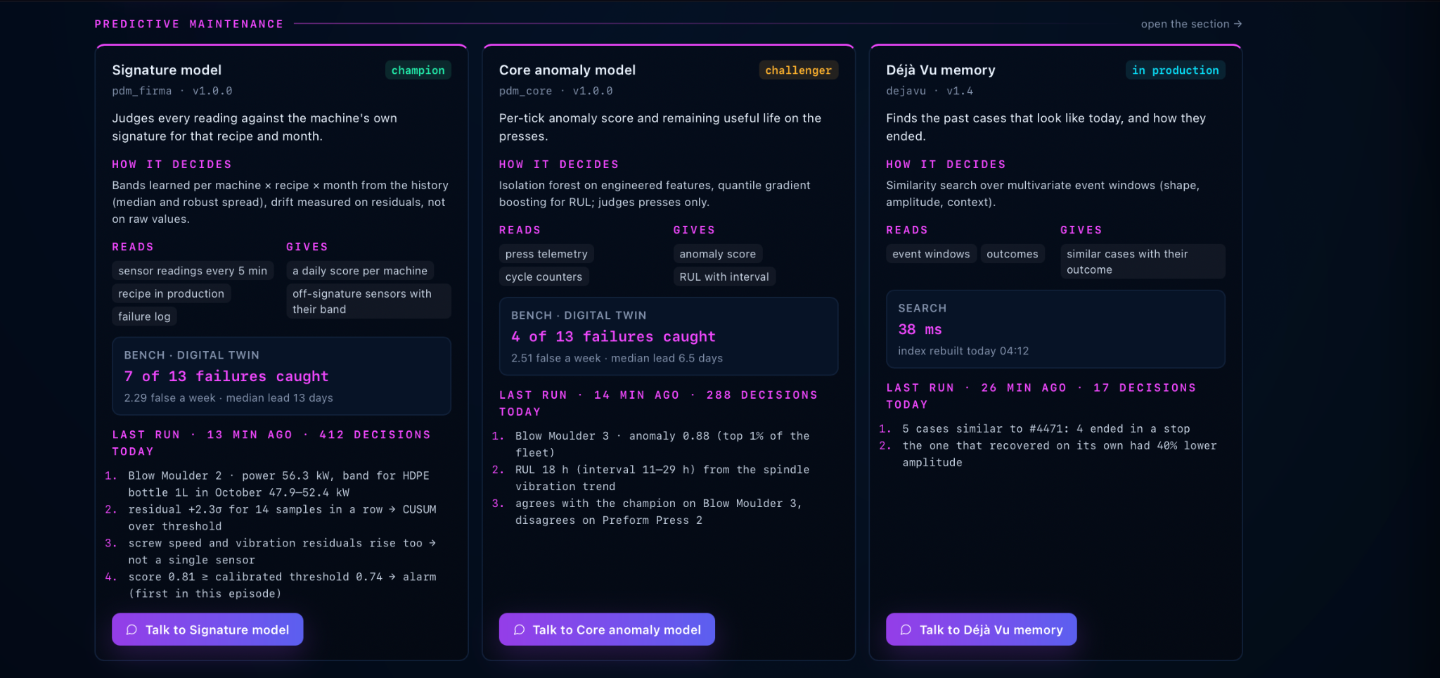 Detailed model cards explaining how they decide, their evidence and direct conversation controls